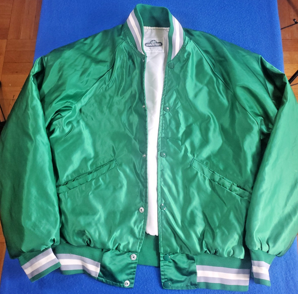 Vtg 80s STARTER Green Satin Jacket Blank USA Bomber Varsity Snap Button Mens L